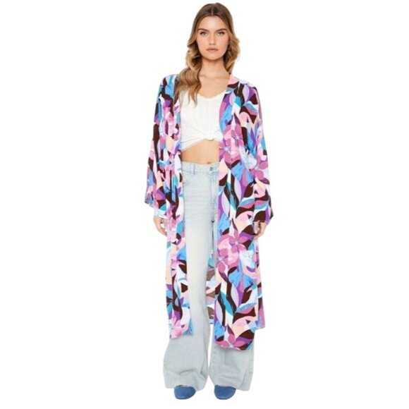 NEW Geometric/Floral Multi Oversized Long Duster‎ Kimono Size S - Picture 1 of 12